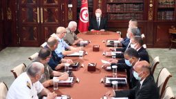 Tunisian President Kais Saied holds a meeting with security officials and military command echelon at the Carthage Palace in Tunis, Tunisia on July 28, 2021. 