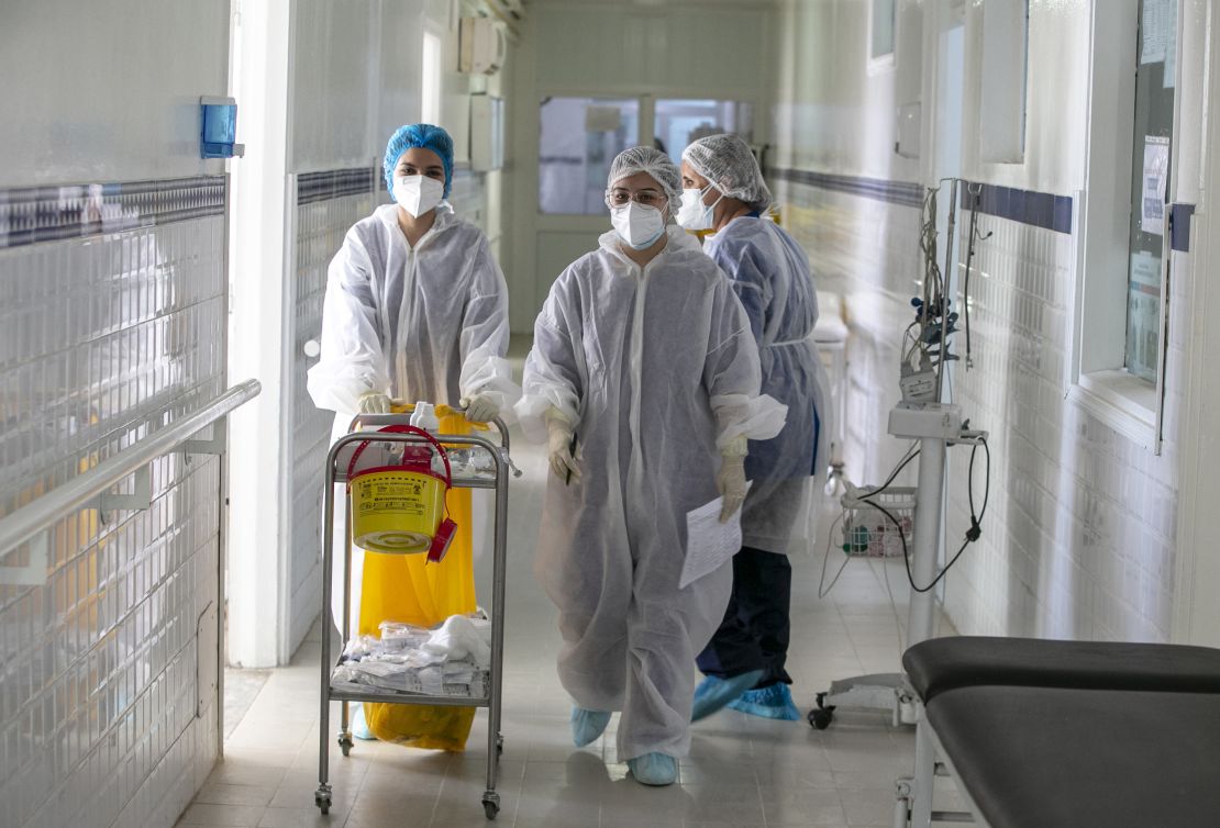 Healthcare professionals work at intensive care unit of Munci Selim Hospital, where Covid-19 patients are treated, as they spend Eid al-Adha next to their patients away from their families in Tunis, Tunisia on July 20, 2021. 