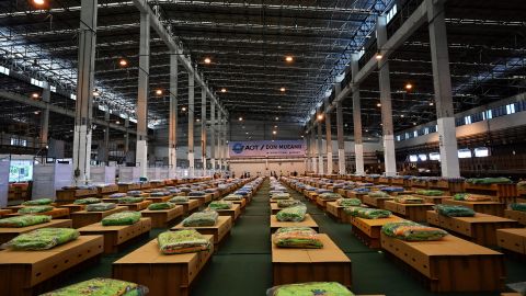 Some 1,800 cardboard beds are prepared at a Covid-19 coronavirus field hospital inside a warehouse at the Don Muang International Airport in Bangkok on July 27.
