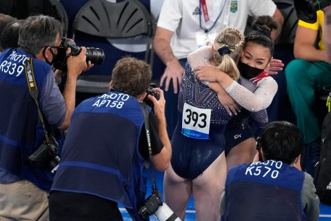 Lee hugs Jade Carey after it was clear she had won gold.