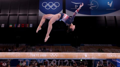 US gymnast Sunisa "Suni" Lee competes on the balance beam during the individual all-around final on Thursday, July 29.