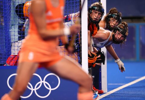 British field hockey players prepare to defend a penalty corner during a match against the Netherlands on July 29.
