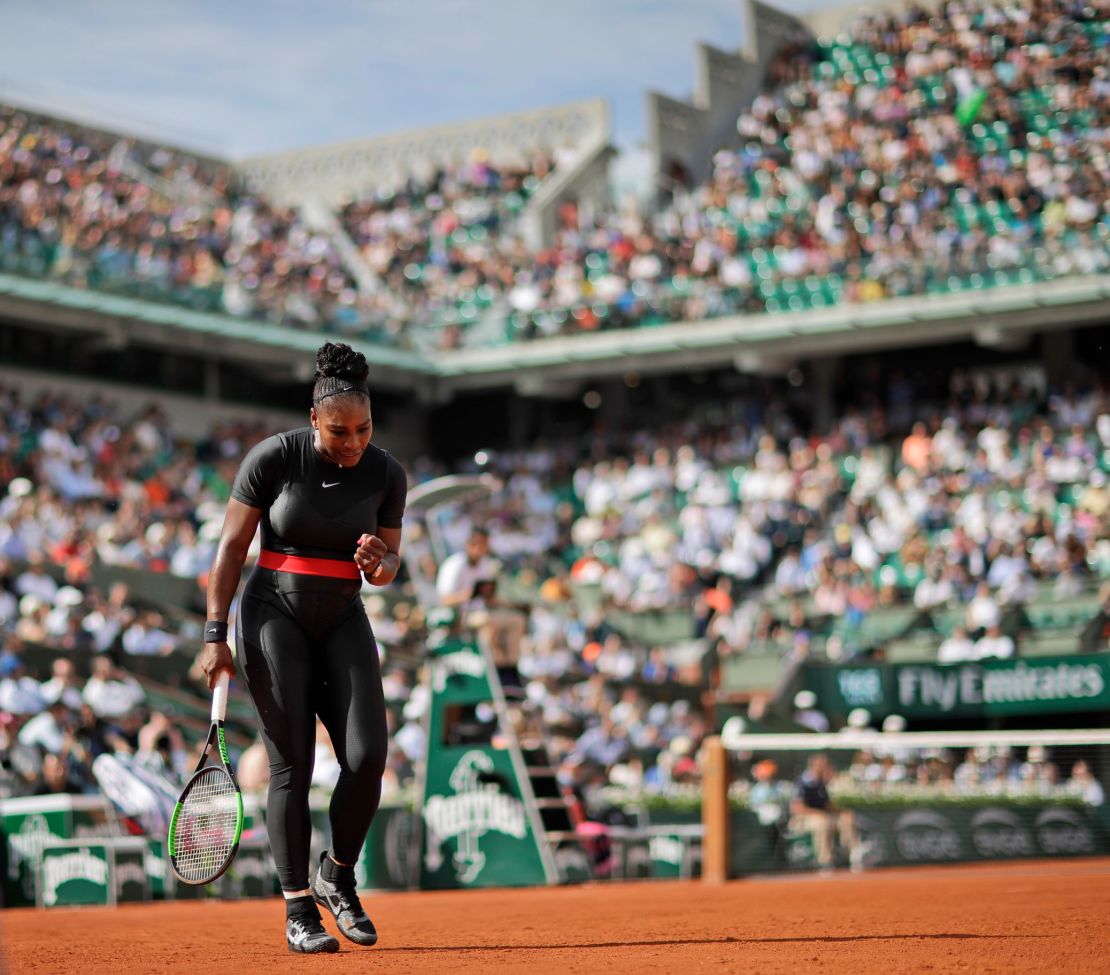 Serena Williams clenches her fist after scoring a point against Krystina Pliskova  during their first round match of the French Open at the Roland Garros stadium in Paris, France, Tuesday, May 29, 2018.