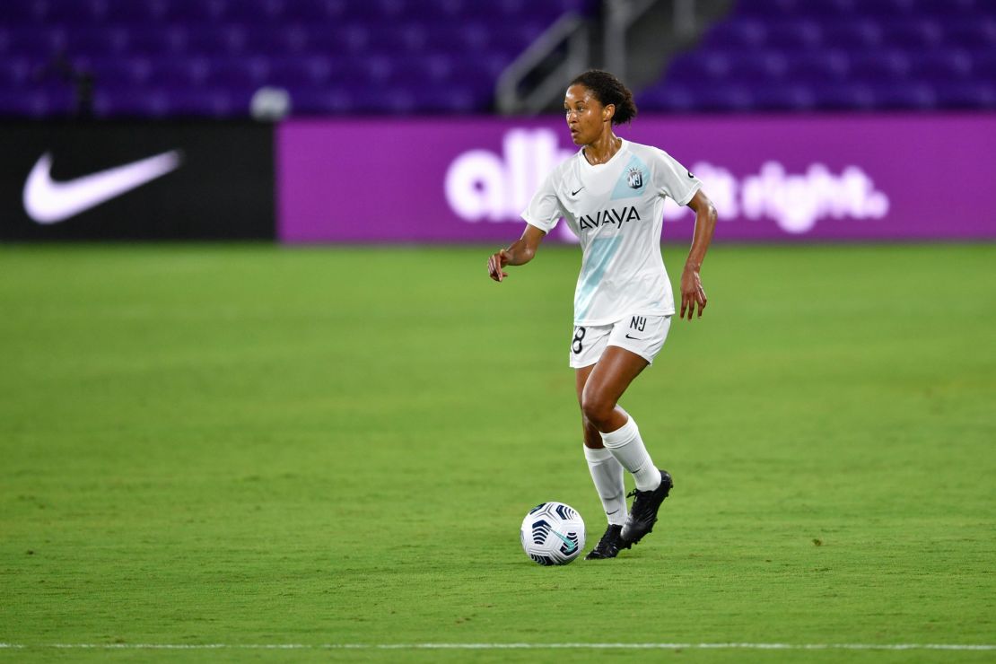 Imani Dorsey #28 of the NJ/NY Gotham FC looks for options during a game between NJ/NY Gotham City FC and Orlando Pride at Exploria Stadium on April 14, 2021, in Orlando, Florida.