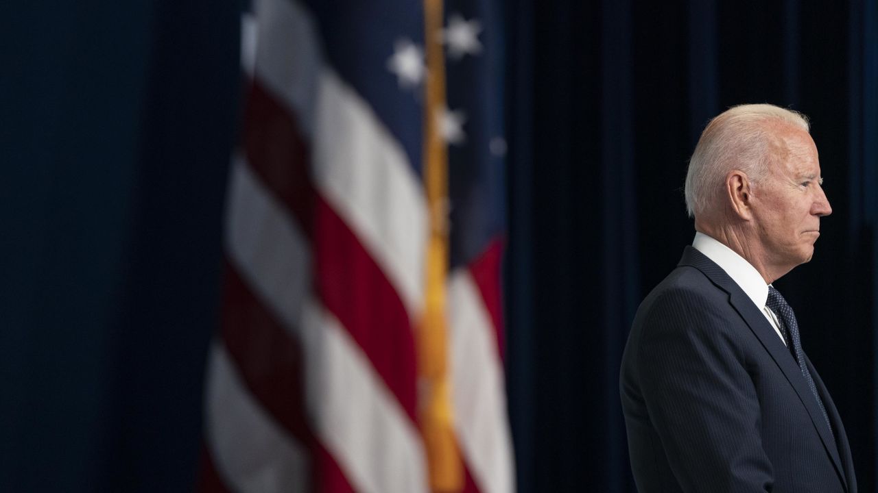 U.S. President Joe Biden listens as U.s. Vice President Kamala Harris, not pictured, speaks in the Eisenhower Executive Office Building in Washington, D.C., U.S., on Thursday, July 15, 2021.