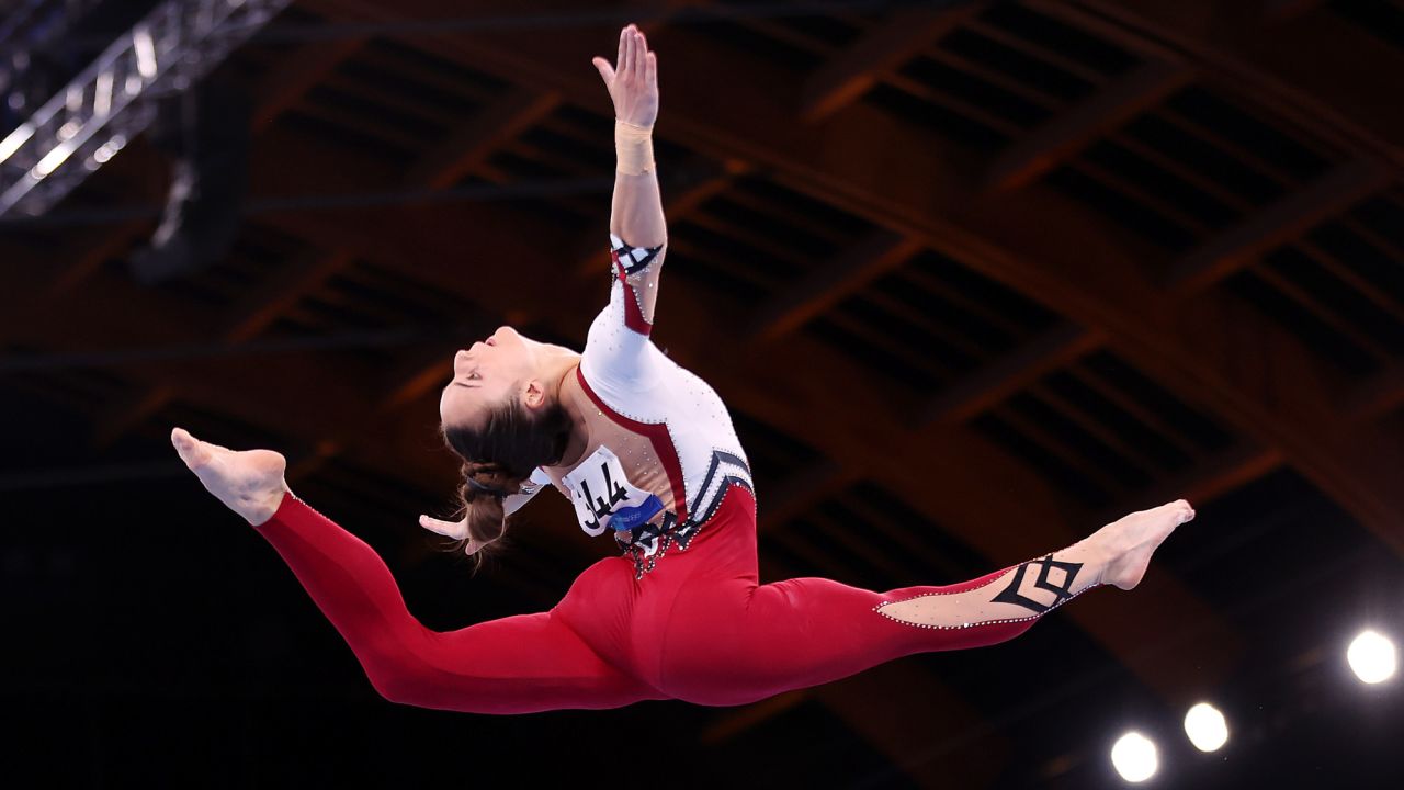 TOKYO, JAPAN - JULY 25: Pauline Schaefer-Betz of Team Germany competes on balance beam during Women's Qualification on day two of the Tokyo 2020 Olympic Games at Ariake Gymnastics Centre on July 25, 2021 in Tokyo, Japan. (Photo by Laurence Griffiths/Getty Images)
