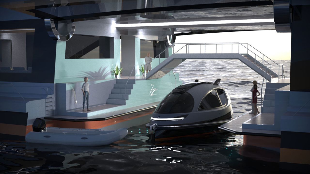 The vessel is to have its very own dockyard on board, which will allow smaller yachts to moor inside.