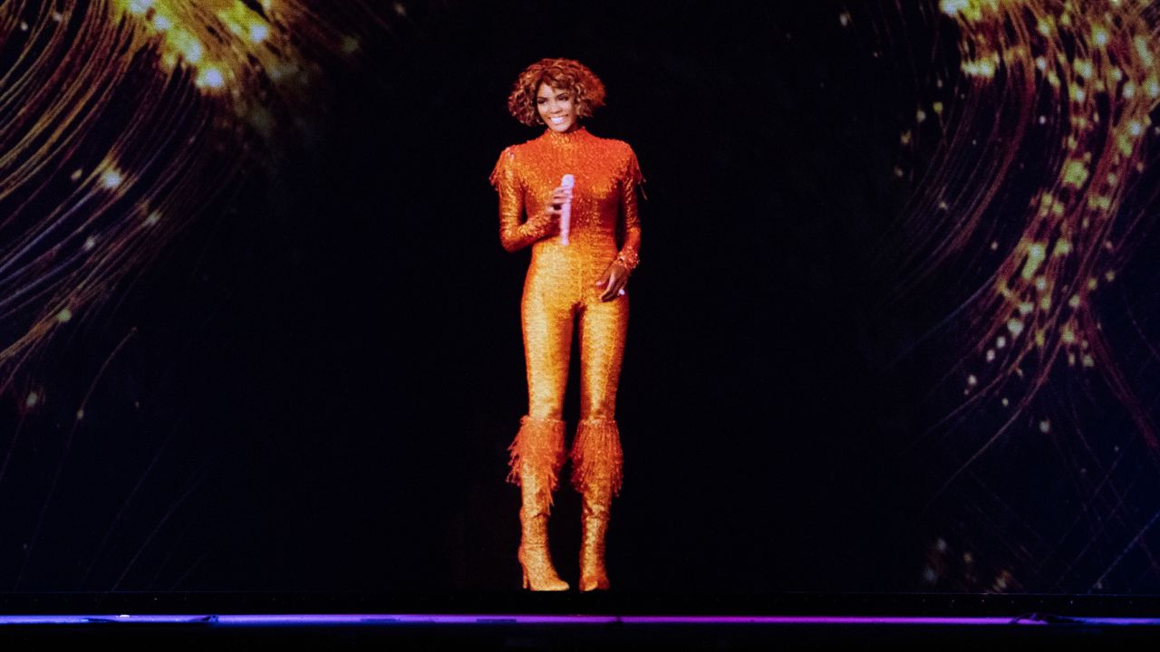 A hologram of American singer Whitney Houston performing is projected on stage at Teatro Bankia Príncipe Pío on October 30, 2020 in Madrid, Spain. 