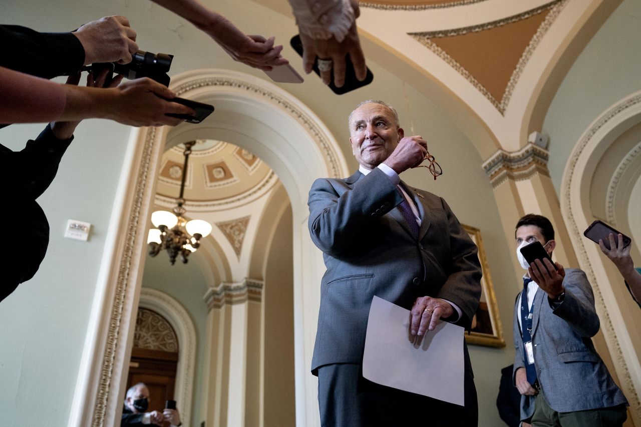 Senate Majority Leader Chuck Schumer speaks to reporters at the US Capitol on Wednesday, July 28. The Senate voted 67-32 on Wednesday to begin debate on <a href="https://www.cnn.com/2021/07/28/politics/infrastructure-bill-republican-vote/index.html" target="_blank">a roughly $1 trillion infrastructure bill,</a> advancing a critical part of President Joe Biden's agenda in Congress.
