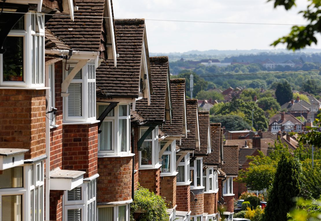 A terrace of homes on a hill in Birstall, United Kingom, on July 5, 2021.