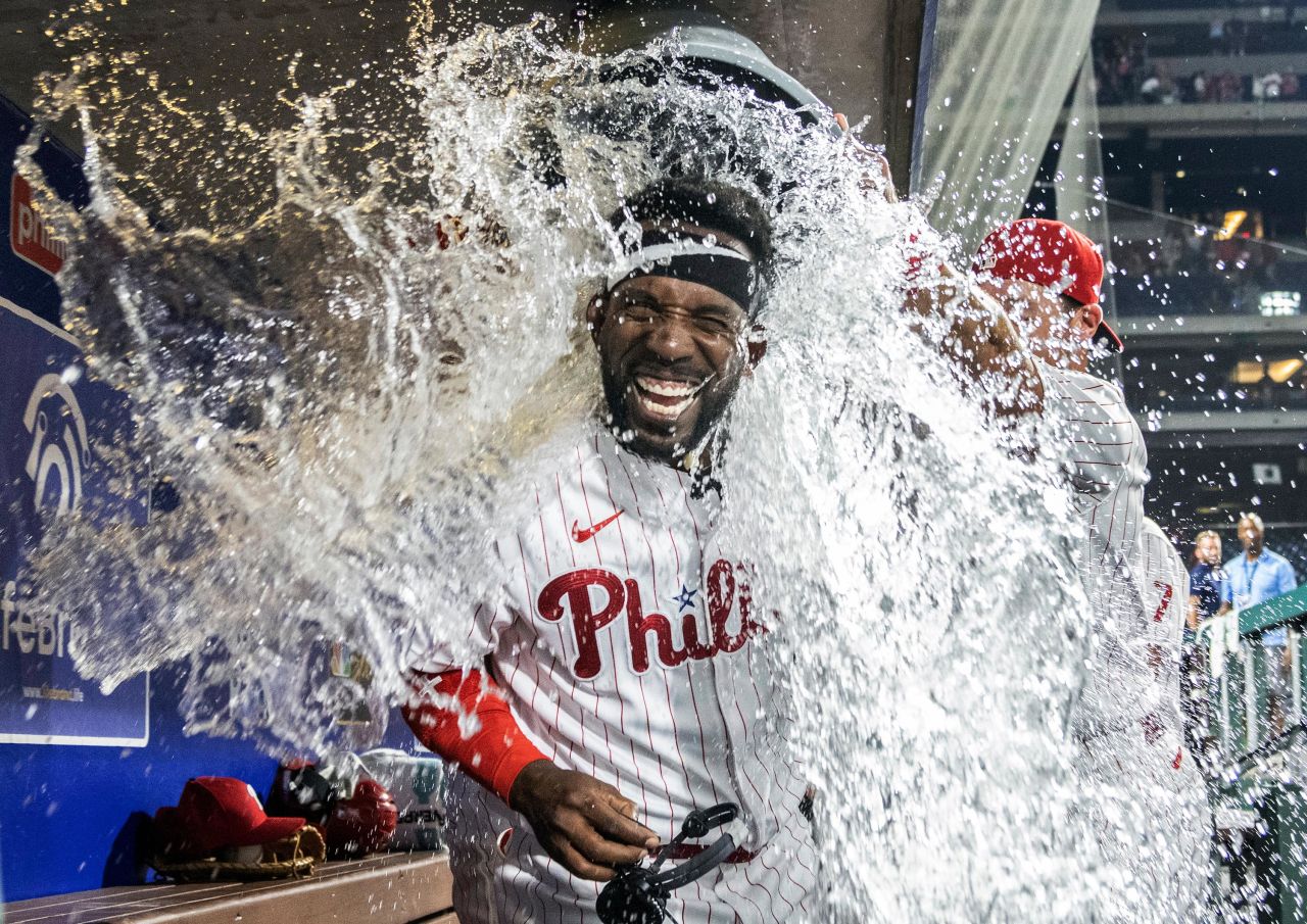 Philadelphia's Andrew McCutchen is doused with water after hitting a walk-off home run during a Major League Baseball game against Washington on Monday, July 26.