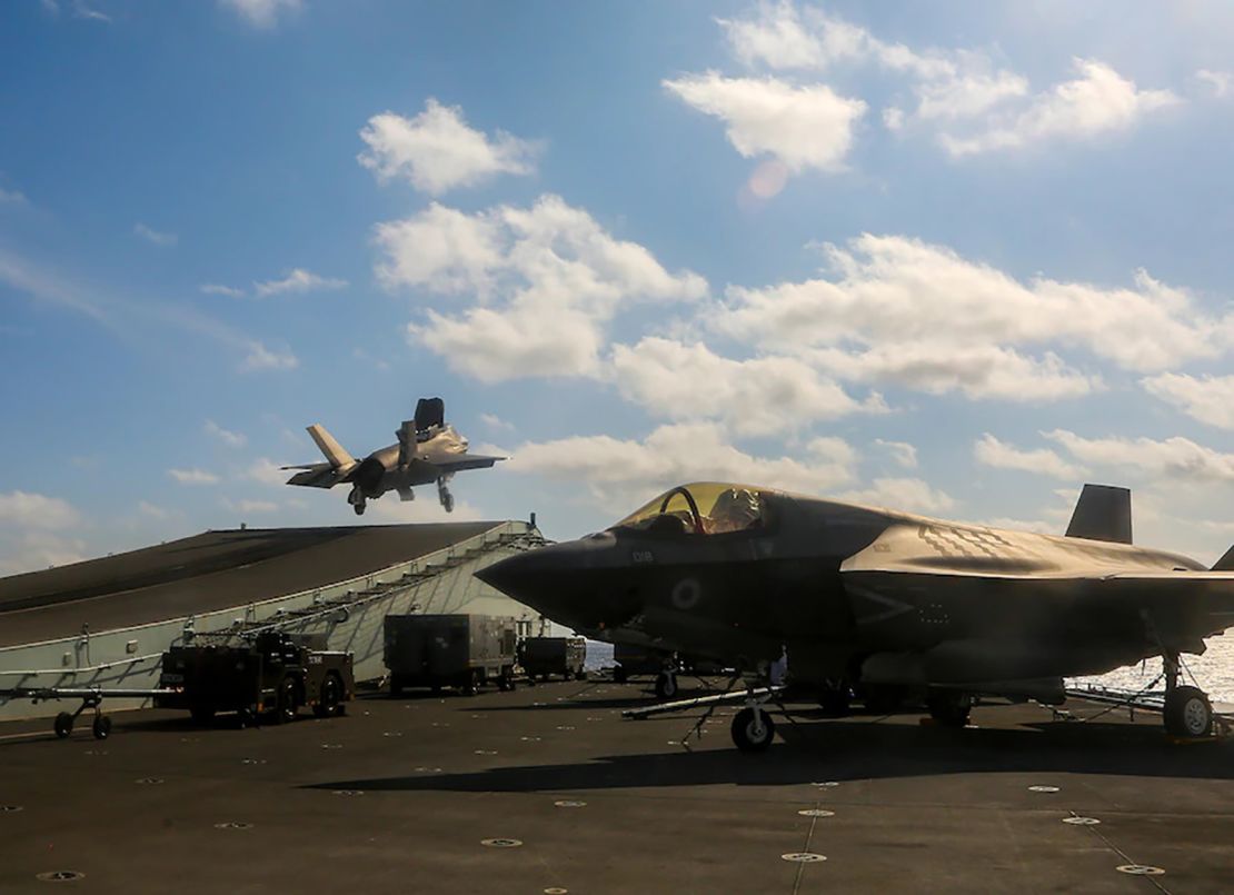 US Marine Corps F-35B fighter jets operate off the UK aircraft carrier HMS Queen Elizabeth in the South China Sea on July 27.