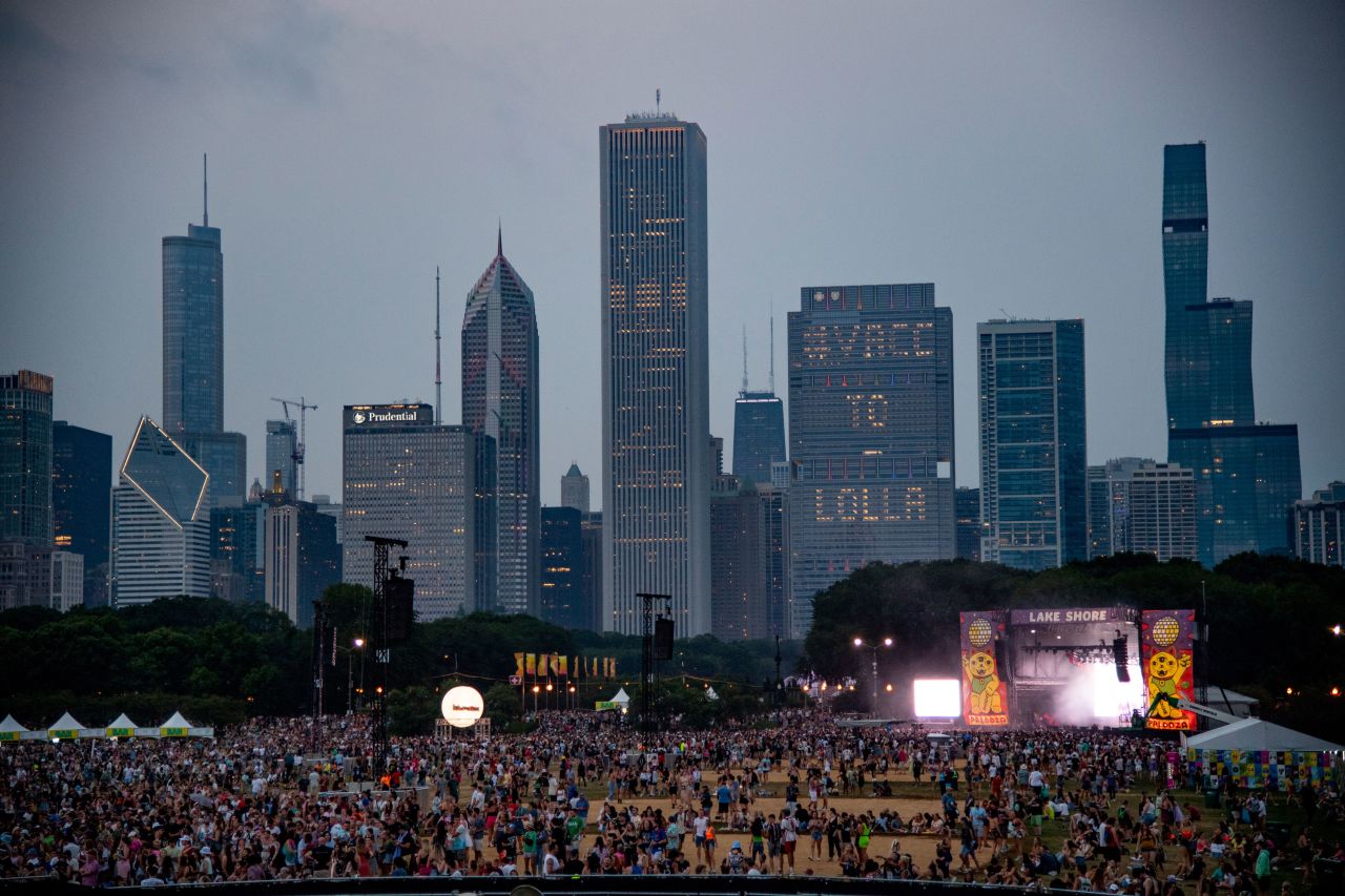 Vacc To Lolla lights can be seen over festivalgoers on the opening day of Lollapalooza.