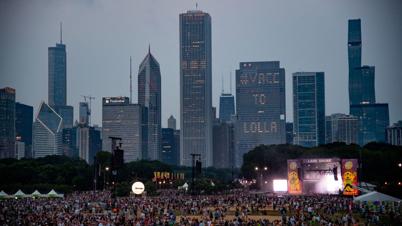 Vacc To Lolla lights can be seen over festivalgoers on the opening day of Lollapalooza.