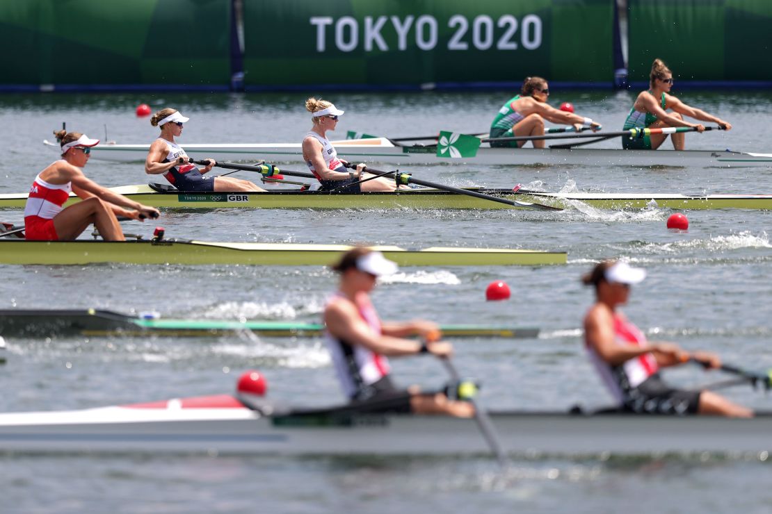 Helen Glover and Polly Swann compete in the women's pair semifinals at the Tokyo Olympics. 