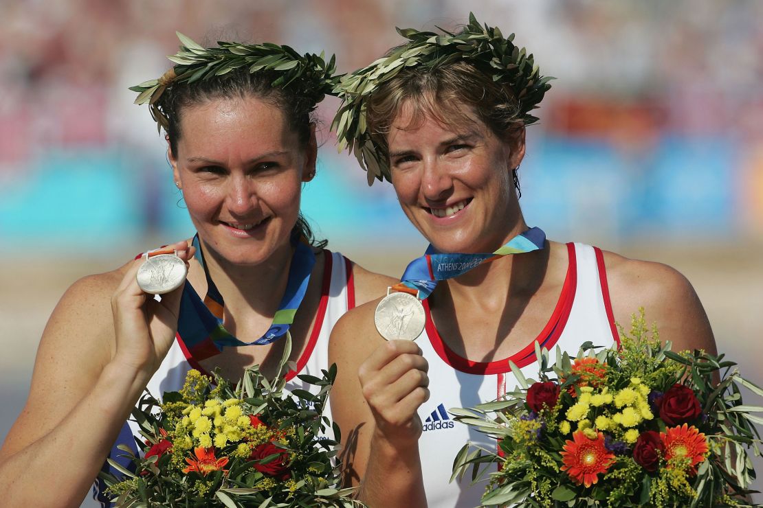 Cath Bishop (left) and Katherine Grainger celebrate winning silver at the Athens Olympics in 2004. 
