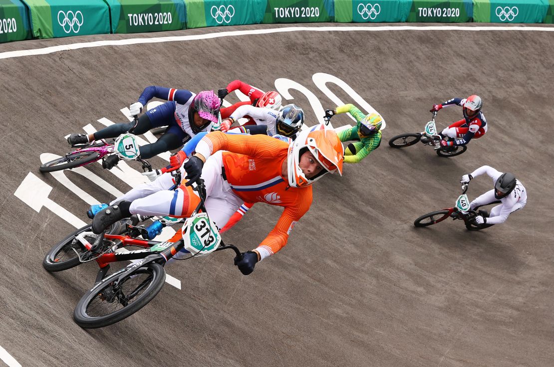 Kye Whyte of Team Great Britain, Niek Kimmann of Team Netherlands, Corben Sharrah of Team United States and Tore Navrestad of Team Norway compete during the Men's BMX semifinal heat 2, run 3 on day seven of the Tokyo 2020 Olympic Games at Ariake Urban Sports Park.