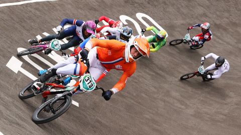 Kye Whyte of Team Great Britain, Niek Kimmann of Team Netherlands, Corben Sharrah of Team United States and Tore Navrestad of Team Norway compete during the Men's BMX semifinal heat 2, run 3 on day seven of the Tokyo 2020 Olympic Games at Ariake Urban Sports Park.