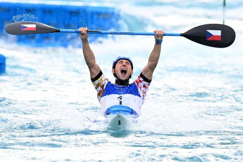 The Czech Republic's Jiri Prskavec reacts after winning gold in the kayak final on July 30. 
