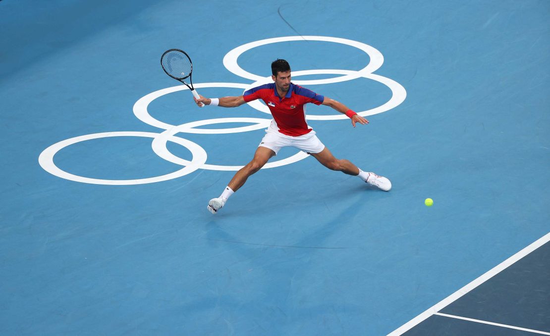 Novak Djokovic plays a forehand at  Tokyo 2020 in Friday's semifinal. 