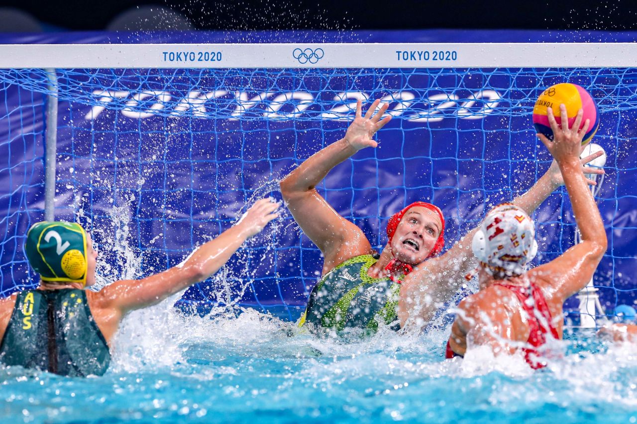 Lea Yanitsas, a goalkeeper for Australia's water polo team, tries to block a shot during a match against Spain on July 30.