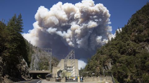 Heavy plumes of smoke billow from the Dixie Fire above the Plumas National Forest near the PG&E Rock Creek Power House on July 21.