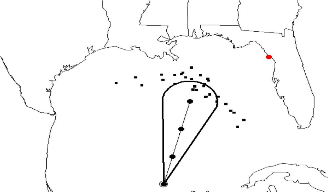 In the experimental "zoomies," the black dots represent potential storm paths and move toward different locations. The cone represents the traditional NHC track forecast cone.