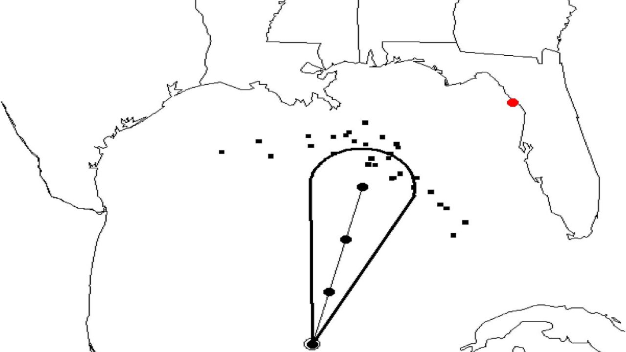 In the experimental "zoomies," the black dots represent potential storm paths and move toward different locations. The cone represents the traditional NHC track forecast cone.