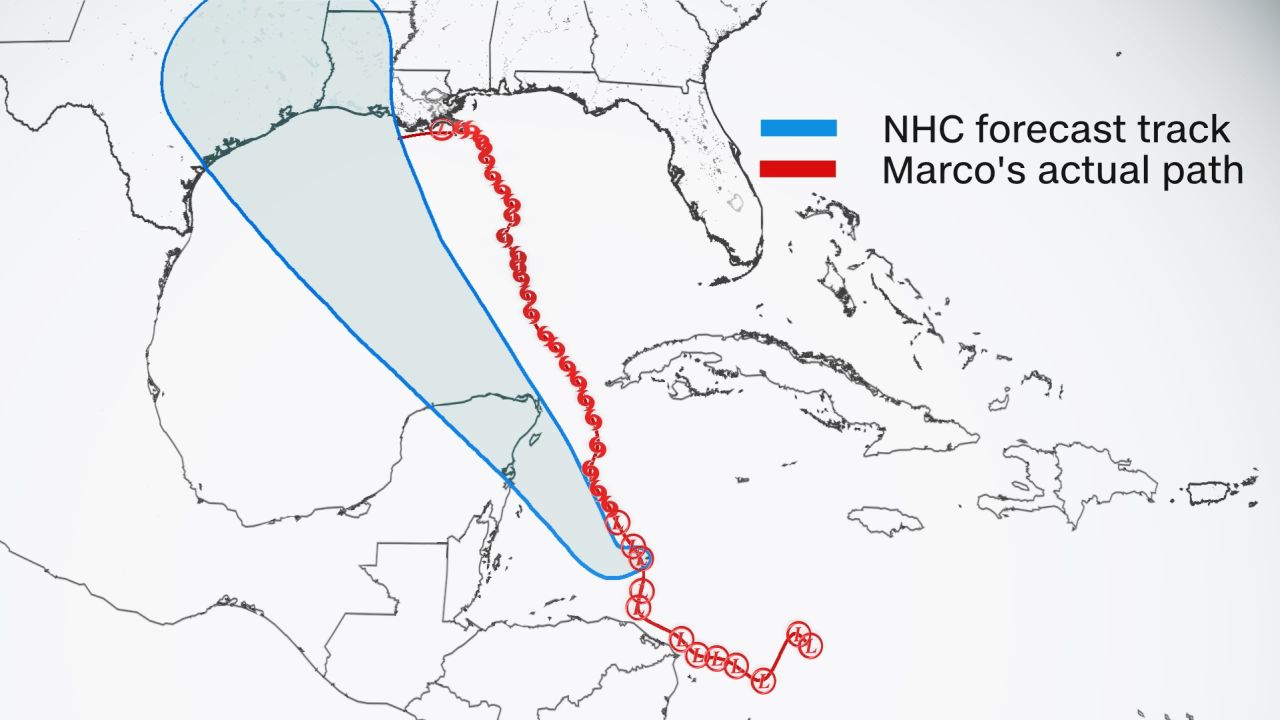 Five-day forecast cone of Hurricane Marco overlaid with the actual storm track