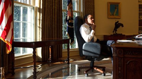 President Barack Obama in the Oval Office on his first day in office on Jan. 21, 2009. 