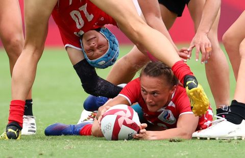 Russian rugby player Anna Baranchuk reaches for the ball during a match against New Zealand on July 30.