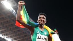 TOKYO, JAPAN - JULY 30: Selemon Barega of Team Ethiopia celebrates winning gold in the Men's 10,000 metres Final on day seven of the Tokyo 2020 Olympic Games at Olympic Stadium on July 30, 2021 in Tokyo, Japan. (Photo by Michael Steele/Getty Images)