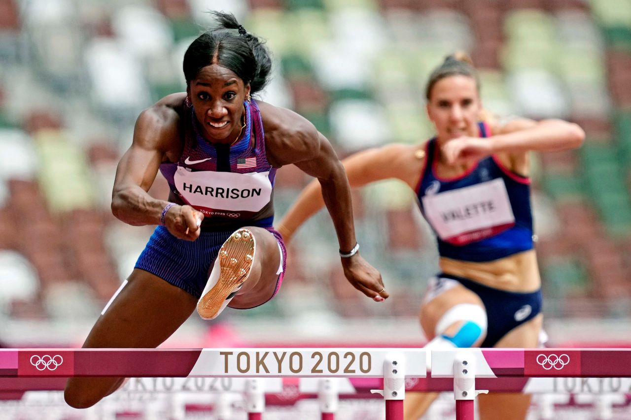 The United States' Keni Harrison races a 100-meter hurdles heat on July 31.