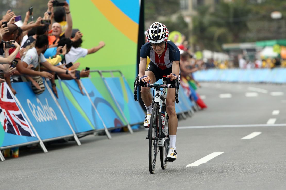 Abbott crosses the finish line of the road race at the 2016 Rio Olympics. 