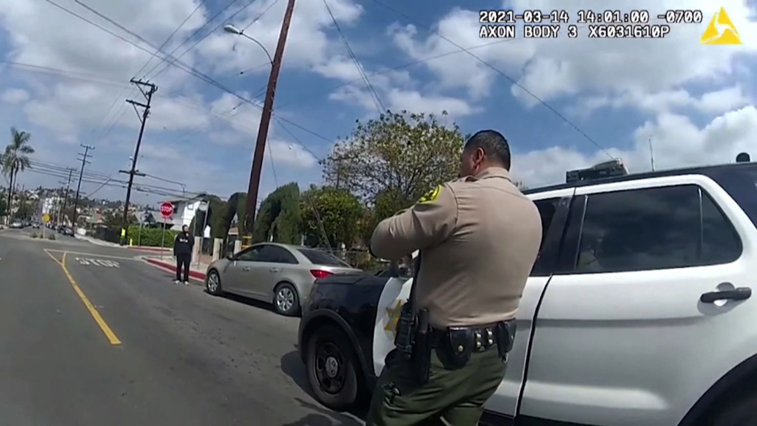 An image from body camera footage shows an incident involving a 34-year-old Hispanic man who was shot and killed by Los Angeles sheriff's deputies outside his family home in East Los Angeles in March.
