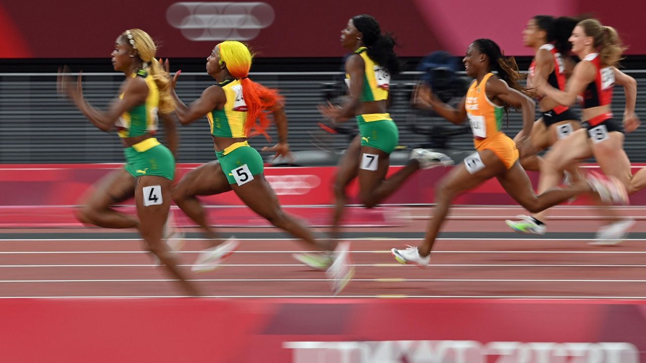 Thompson-Herah, Fraser-Pryce, and Jackson race clear of the field in the women's 100m final.