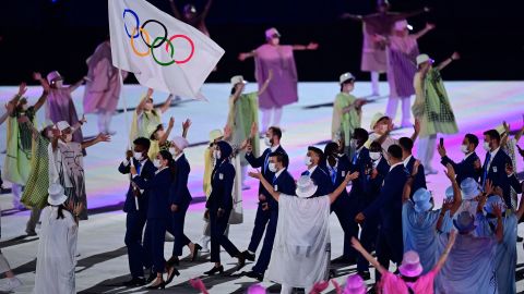 The Refugee Olympic Team's delegation parades during the Opening Ceremony of the Tokyo Olympics.