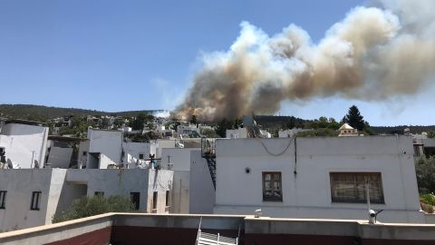 Plumes of smoke from a wildfire are seen near a residential area in the holiday resort of Bodrum, on Saturday July 31.