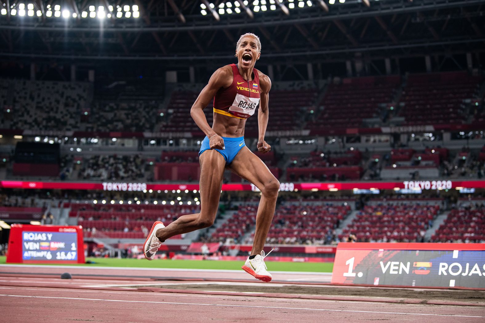 Venezuela's Yulimar Rojas celebrates after <a href="index.php?page=&url=https%3A%2F%2Fwww.cnn.com%2Fworld%2Flive-news%2Ftokyo-2020-olympics-08-01-21-spt%2Fh_2505806e001df14d45588ce165a9747a" target="_blank">setting a new world record in the triple jump</a> on August 1. On her last jump of the night, she jumped 15.67 meters, breaking a record that had stood since 1995. It is Rojas' first Olympic gold medal.