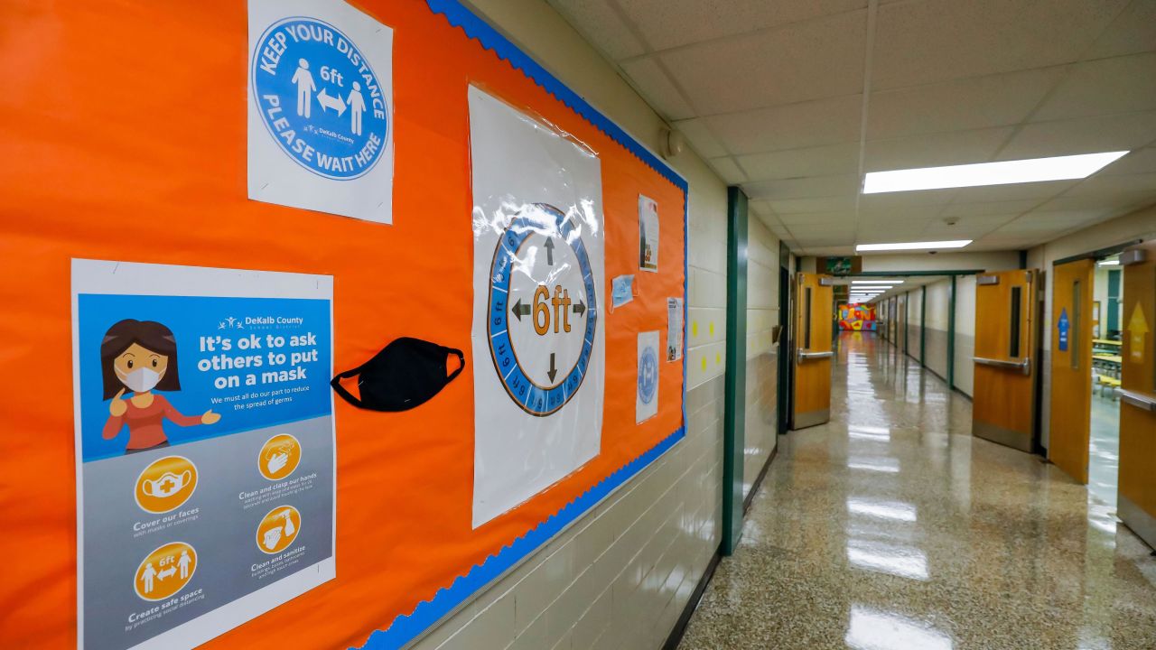 Mandatory Credit: Photo by ERIK S LESSER/EPA-EFE/Shutterstock (12227927t)
Signs continue to encourage mask wearing and social distancing for the upcoming fall semester despite ventilation improvements at Kelley Lake Elementary School in Decatur, Georgia, USA, 23 July 2021. The Dekalb County School District is using American Rescue Plan funds to improve school ventilation systems and other infrastructure improvements during the ongoing COVID-19 coronavirus pandemic.
US Secretary of Education Miguel Cardona, Decatur, USA - 23 Jul 2021