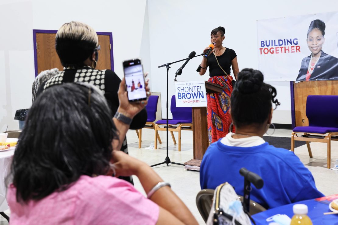 Cuyahoga County Council Representative and Ohio 11th District congressional candidate Shontel Brown speaks during Get Out the Vote campaign event at Mt. Zion Fellowship on July 31, 2021 in Cleveland, Ohio. 