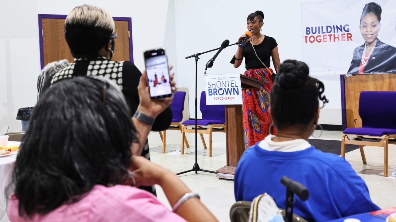 Cuyahoga County Council Representative and Ohio 11th District congressional candidate Shontel Brown speaks during Get Out the Vote campaign event at Mt. Zion Fellowship on July 31, 2021 in Cleveland, Ohio. 