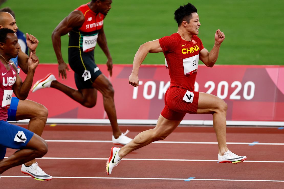 Su Bingtian of China competes in the men's 100 meter semifinal on August 1 at the Tokyo Olympics.