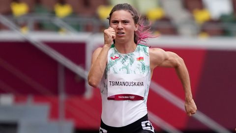 Kristina Timanovskaya, of Belarus, runs in the women's 100 meters at the Tokyo Olympics on July 30.