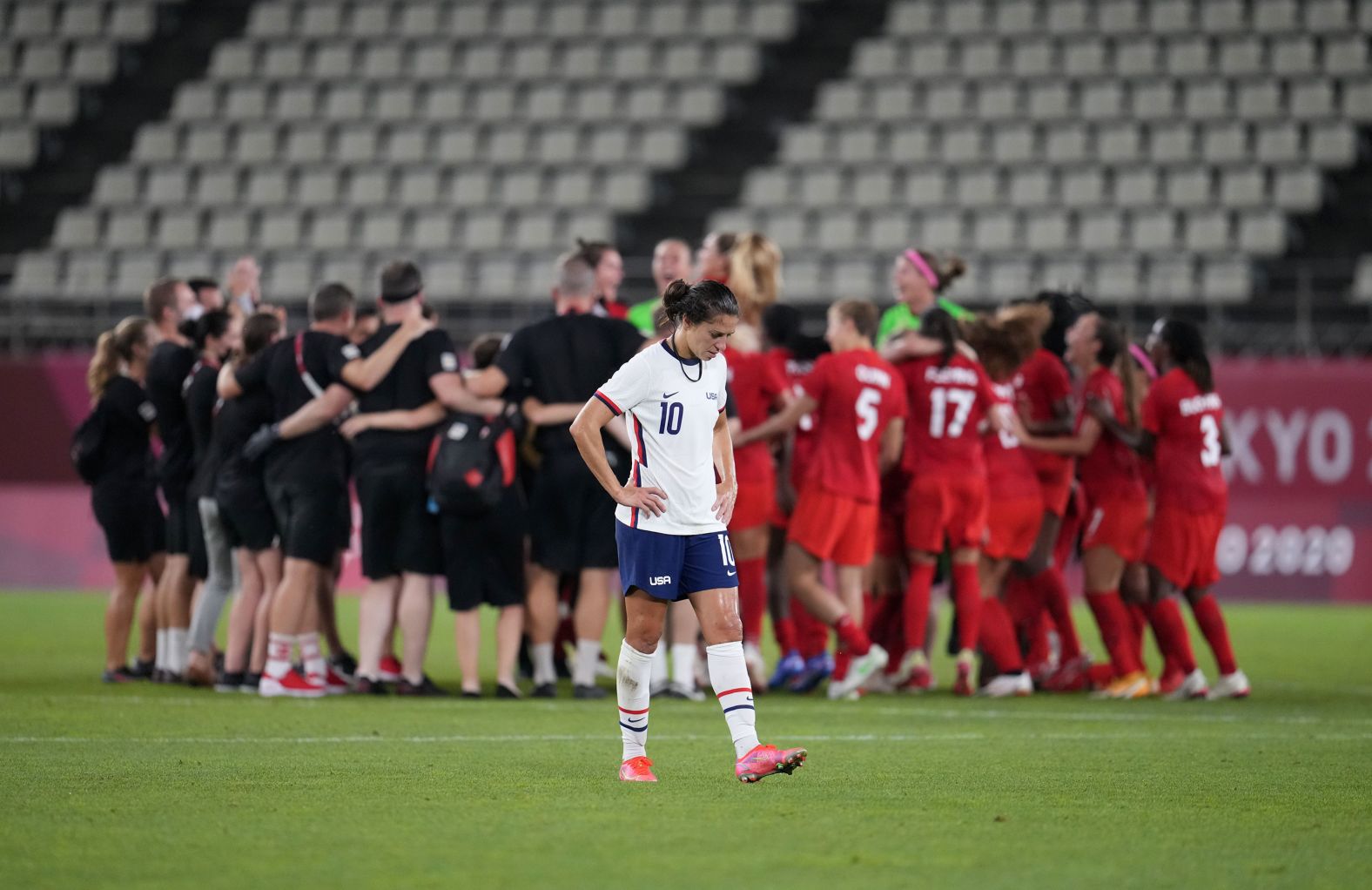 The United States' Carli Lloyd leaves the field after the Americans <a href="https://www.cnn.com/world/live-news/tokyo-2020-olympics-08-02-21-spt/h_b1b8d645ed70fa3fab891ec3cb76cf07" target="_blank">lost to Canada in a semifinal match</a> on August 2. The US team was trying to become the first reigning World Cup champion to win Olympic gold.