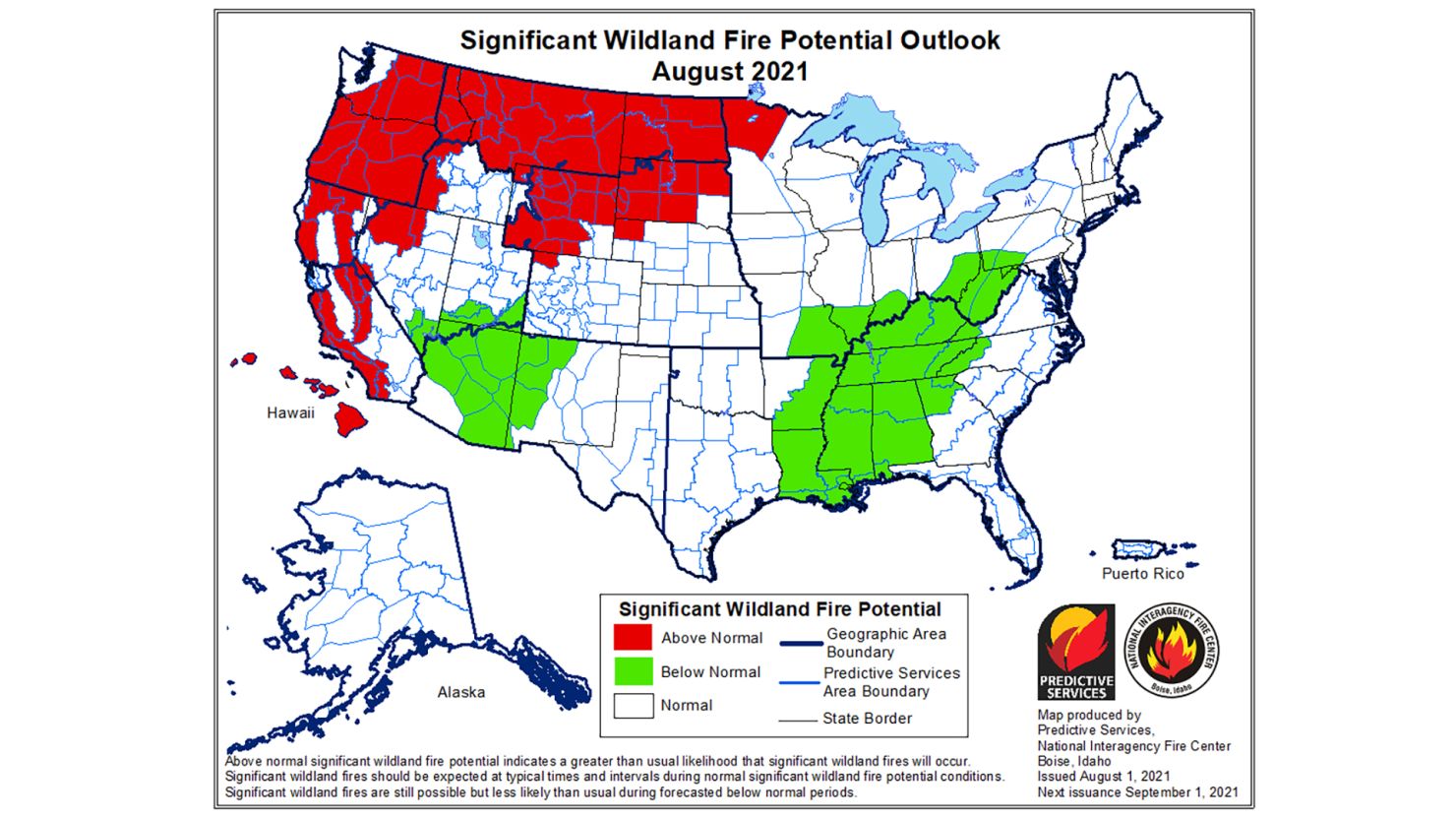 This map shows the wildfire outlook through September.