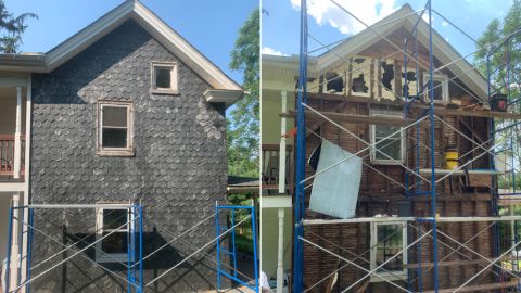 The farmhouse is seen before the bee removal, left, and during the process, right.