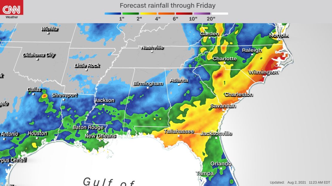 Heavy rainfall in the Southeast through this week could cause flash flooding, with up to 10 inches of rain in some locations.