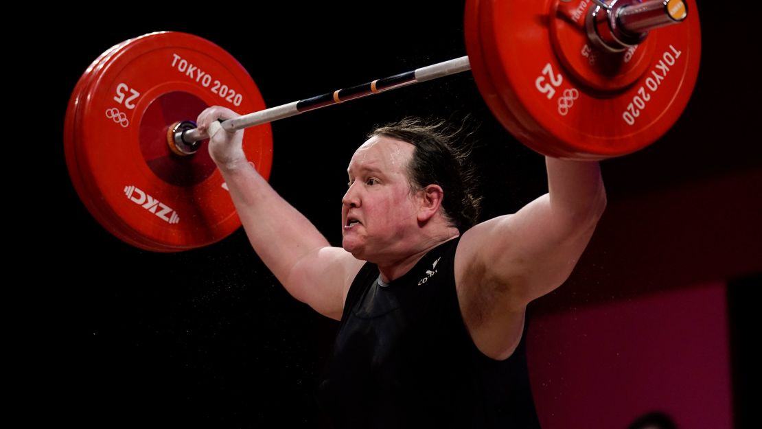 Laurel Hubbard competing in the women's +87kg weightlifting finals.