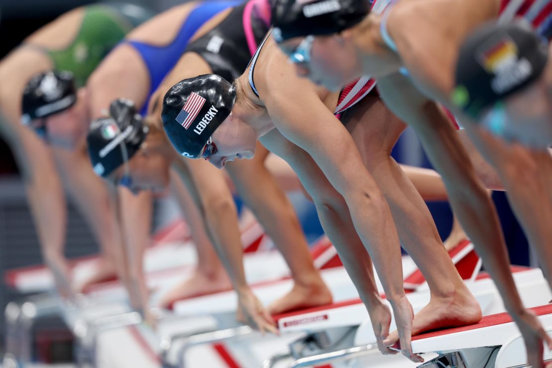 Ledecky prepares to race in the women's 800m freestyle final at the Tokyo Olympics.